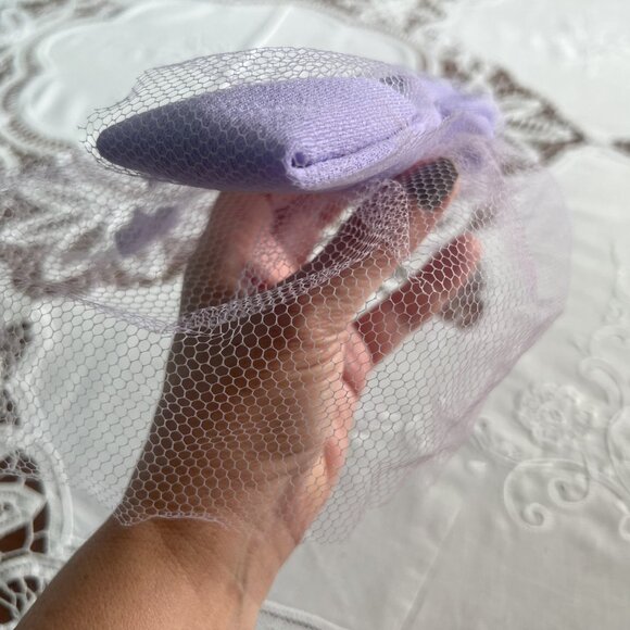 Vintage 60s Purple Fascinator Mesh Netting Hair Bows Pastel Mauve Hairnet Rockab - Picture 7 of 10